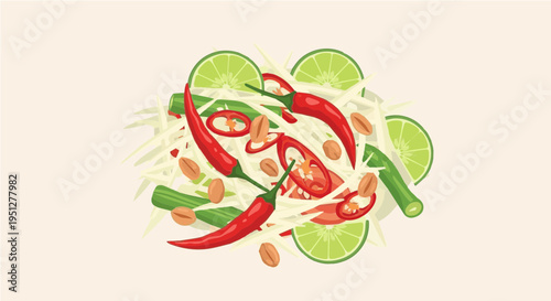 Vibrant vector cartoon illustration depicting Thai spicy salad with red chili lime slices peanuts and fresh herbs