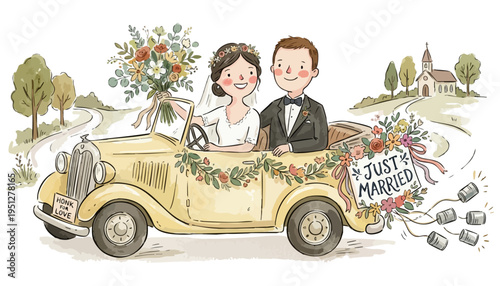 Newlywed couple driving a vintage car with just married sign. Cartoon wedding couple in retro convertible with flowers, bouquet. Romantic wedding getaway illustration with bride and groom in vintage