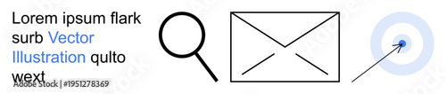 Communication, messaging, target accuracy, email services, digital marketing, goal setting. A magnifying glass, envelope and target. Communication and messaging through visuals