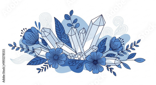 Blue crystals and flowers arrangement decorative illustration