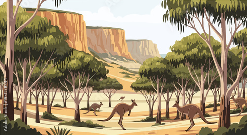 Scenic vector cartoon illustration of kangaroos in rocky Australian bushland with eucalyptus trees