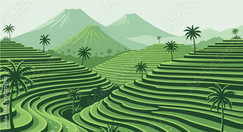 Lush vector cartoon illustration of green rice terraces with palm trees and distant mountains