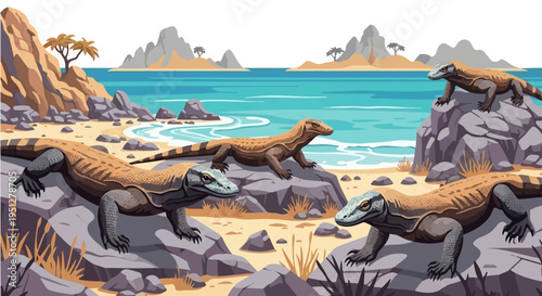 Dynamic vector cartoon illustration of Komodo dragons walking on coastal rocks by ocean
