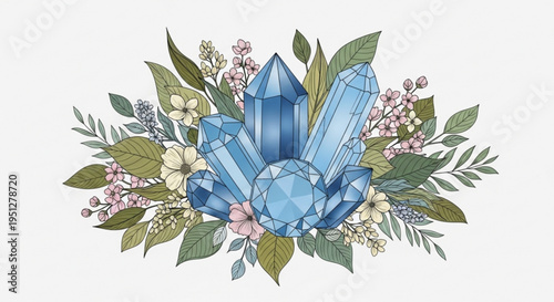 Vibrant blue crystals surrounded by lush greenery and colorful flowers on white background symbolizing nature and wellness