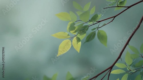 Vibrant green foliage on tree branches against a serene, out-of-focus natural
