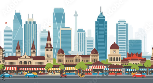 Lively vector cartoon illustration of city avenue with historic buildings trams and market stalls