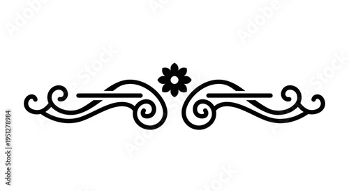 Black and White Decorative Flourish with Flower - Vector Line Art