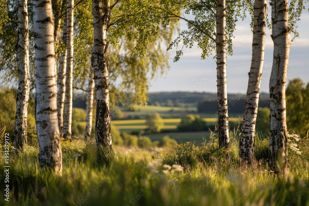 Obraz premium Row of silver birch trees in a quiet countryside meadow at golden hour