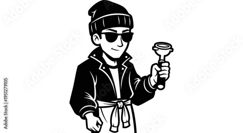 Black  White Line Art of a Cool Thief Holding a Plunger