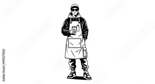 Barista Holding Coffee Cup Black and White Vector Art