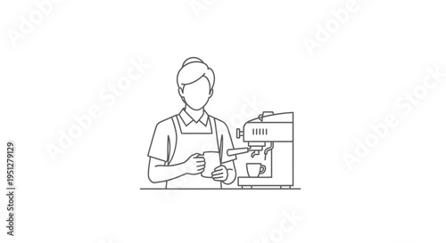 Barista making coffee with espresso machine in line art style