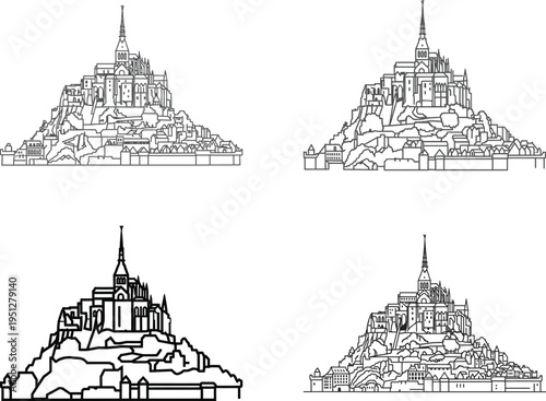Collection of mont saint-michel illustrations, medieval fortress monastery, sketch style