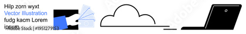 Data management, cloud computing, digital storage, file sharing, online access, remote connectivity. ion of hand with files, cloud and laptop. Cloud computing and digital storage concept