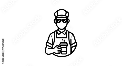 Barista in Black and White Line Art with Coffee Cup