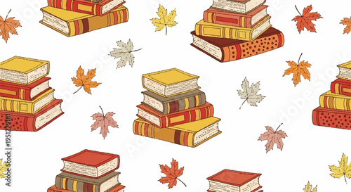 Colorful stacked books with autumn leaves on white background symbolizing learning and seasonal change