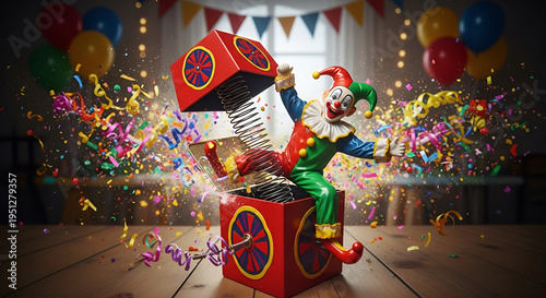 Colorful jack in the box toy popping out at a birthday party