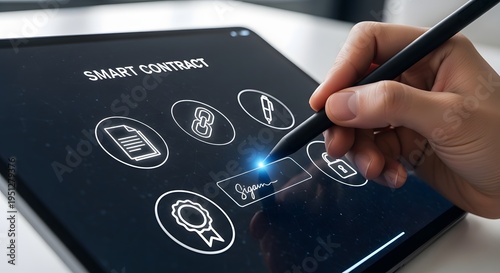 Hand drawing smart contract blockchain technology digital concept