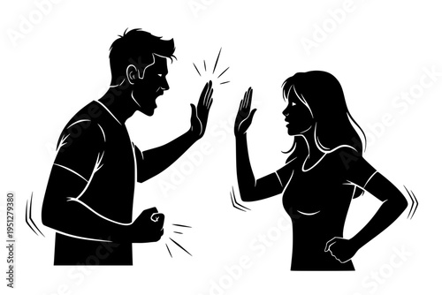 Couple Arguing Verbal Conflict Relationship Stress Marriage Problems Family Dispute Black Vector Silhouette
