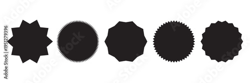 Set of Black starburst. Price sticker, sale sticker, price tag, starburst, quality mark, retro stars, sale. Circle sticker set. Star burst shape tags for price.
