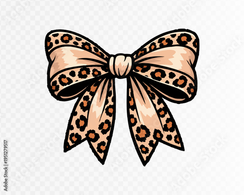 Elegant blush bow with leopard print ribbon tails in romantic coquette style, feminine fashion clipart for boutique branding, stickers, packaging and decorative design. Vector illustration