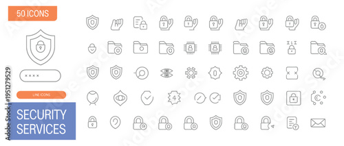 Comprehensive security services line icons set for digital protection and data privacy solutions