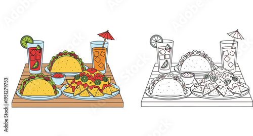 Mexican food combo with tacos, nachos, and drinks: colored illustration and black and white line art version for coloring book.