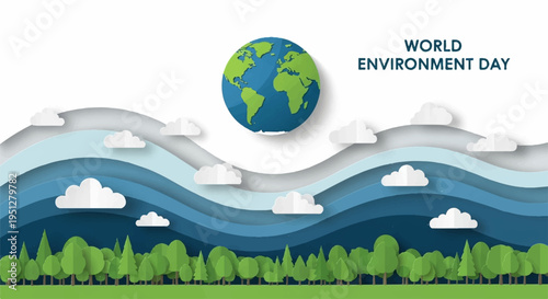 World environment day illustration with layered mountains green trees and globe on white background symbolizing eco conservation