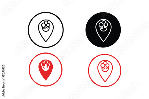 Set of four paw print location pin icons in black, white, and red for animal or pet business, travel, or mapping services with a cute design.