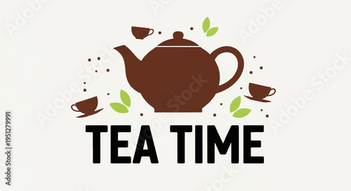 Tea time illustration with teapot cups and leaves on cream background