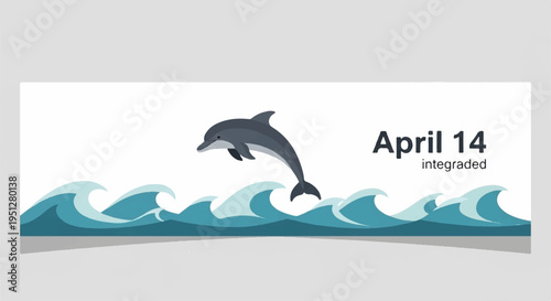 Dolphin jumping out of ocean waves on a registered april 14th celebration background