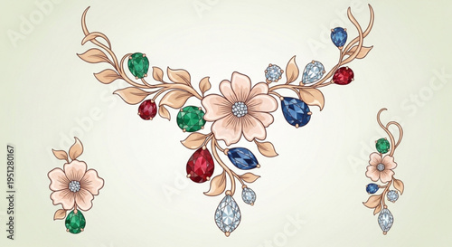 Vibrant floral jewelry set with precious gems and flowers on a light background elegant accessory design
