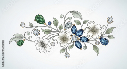 Delicate floral jewelry design with blue and green gemstones on white background