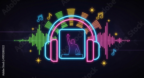 Neon lit headphones with dancing silhouette on phone screen surrounded by colorful sound waves and music notes on black background