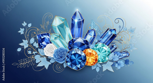 Vibrant blue crystals and flowers on a gradient background sparkling jewels and blooms in shades of blue and orange elegant floral arrangement with precious stones