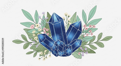 Vibrant blue crystal cluster surrounded by lush greenery and colorful flowers on white background symbolizing nature and wellness