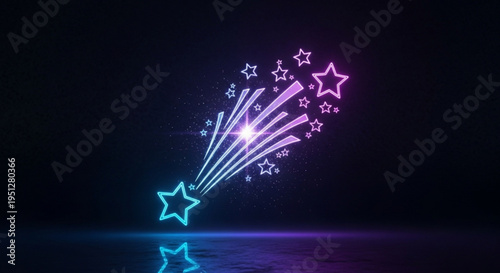 Glowing neon star explosion with colorful streaks and reflections on dark background