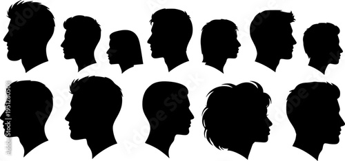  Silhouette heads.Set of profile face of different people. Man and woman heads in profile symbol.Set man and woman head icon silhouette.Anonymous faces portraits, black outline photo vector design