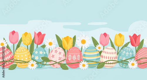 Colorful easter eggs and tulips border with flowers on light blue background for spring decoration