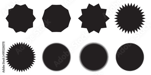 Black starburst stamp seal and labels vector set. Jagged sunburst badges, circle stickers, and rosette shape collection for design elements.