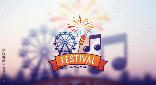 Vibrant festival logo with ferris wheel music notes and fireworks on a colorful background