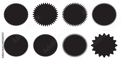 Black starburst stamp seal and labels vector set. Jagged sunburst badges, circle stickers, and rosette shape collection for design elements.