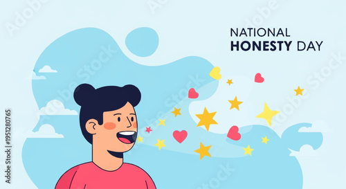 Man celebrating national honesty day with hearts and stars symbolizing truth and sincerity in a light blue background