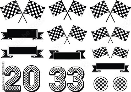 Racing symbols set, black white motorsport icons, checkered flags, racing banners, speed elements collection, competition design vector