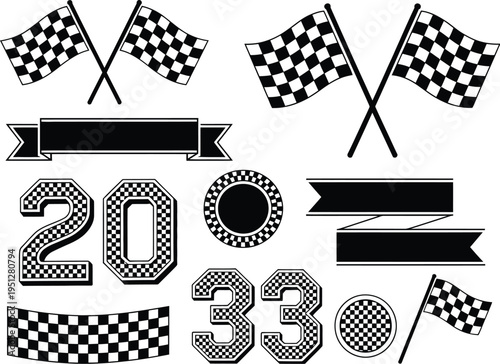 Racing symbols set, black and white motorsport elements, checkered flags, racing banners collection, speed competition design, vector illustration