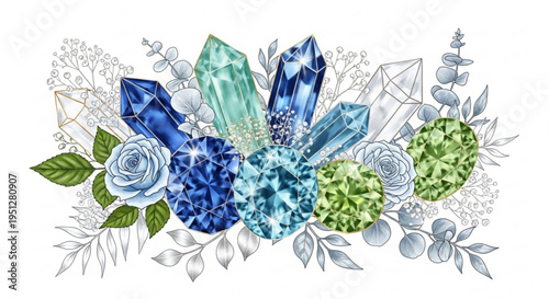 Vibrant crystal cluster with blue and green gemstones surrounded by flowers and foliage on white background