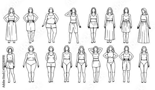 Body positive female silhouettes set full length women diverse figures vector