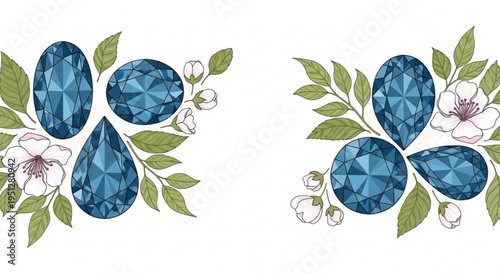 Blue gemstone floral jewelry elements with green leaves and white flowers on white background