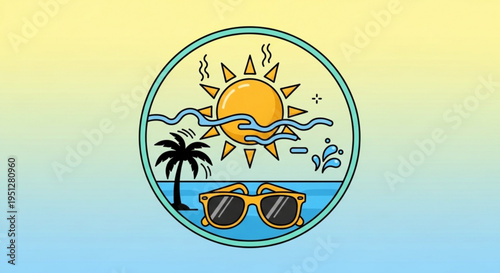 Vibrant summer vacation icon with sunglasses palm tree and sunny beach scene in a circular frame on a colorful gradient background