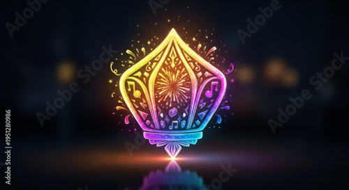 Vibrant glowing colorful lamp with intricate design and pattern on a dark background with bokeh lights