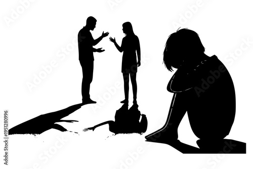 Child Covering Ears Parents Arguing Impact of Conflict Family Dispute Psychology Black Vector Silhouette